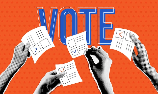 Vettore concepto di votazione mani di persone che tengono le schede di voto in vector in stile collage a mezza tonalità punteggiato