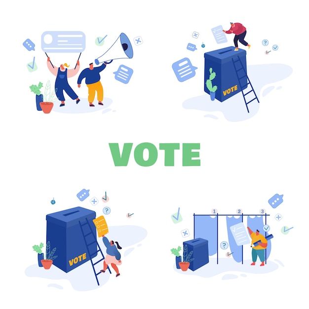 Disegno del modello di concetto di voto ed elezione. campagna preelettorale. promozione di personaggi candidati. i cittadini che mettono il voto cartaceo nelle urne.