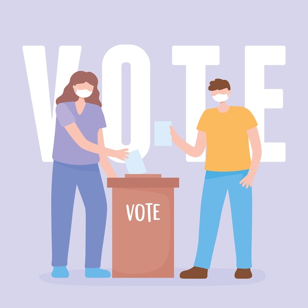 Voting and election, couple with mask and vote paper and cardboard box