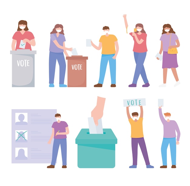 Voting and election, people with mask, puts ballot inside box, candidates list, set icons vector