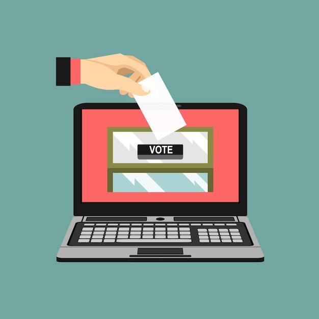 Voting online concept. hand putting voting paper in the ballot box on a laptop screen.