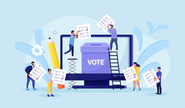 Голосование онлайн концепции. люди помещают бюллетень для голосования в урну для голосования на экране компьютера. онлайн-голосование, политические выборы или опросы, избирательная интернет-система