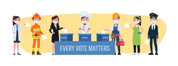 Voting procedures during the pandemic different occupations in a mask puts a ballot paper in the ballot box