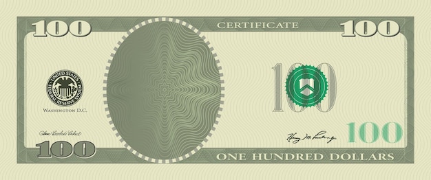 Vector voucher template banknote 100 dollars with guilloche pattern watermarks and border. green background banknote, gift voucher, coupon, money, currency,check, cheque, reward, certificate vector design.