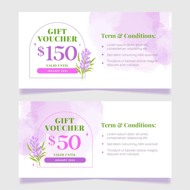 Vector voucher template with abstract flower watercolor illustration