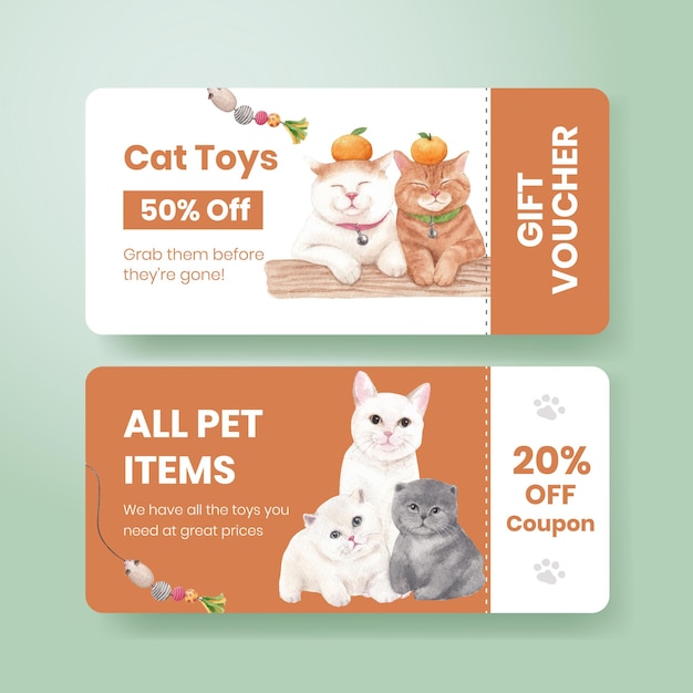 Voucher template with cute cat in watercolor style