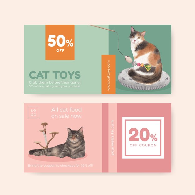 Voucher template with cute cat in watercolor style