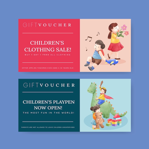 Voucher template with happy children concept,watercolor style