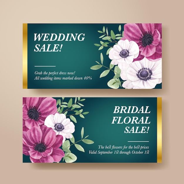 Voucher template with lilac violet wedding concept,watercolor style