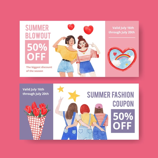 Voucher template with National Friendship Day concept,watercolor style