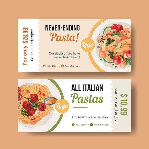 Vector voucher template with pasta cancept,watercolor style