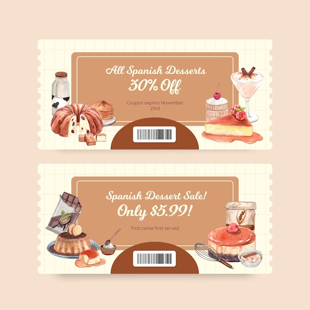 Voucher template with spanish dessert in watercolor style