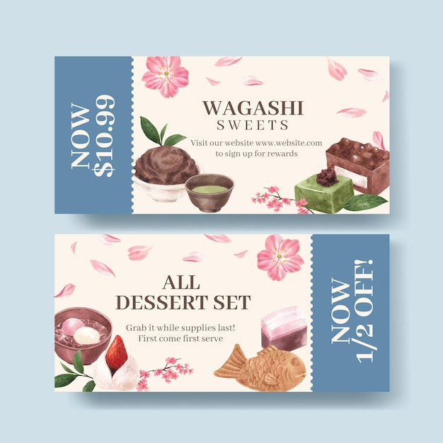 Vouchersjabloon met wagashi Japans dessert in aquarelstijl