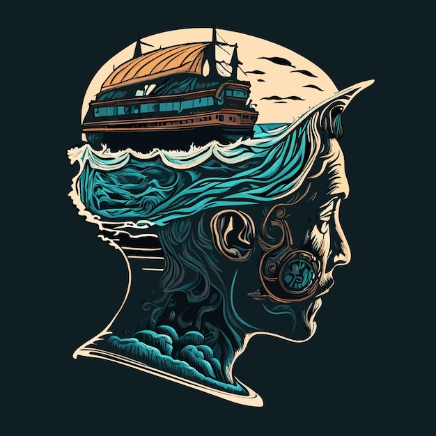 Voyage Vector Illustration HumanOld Ship Fusion Design on Black