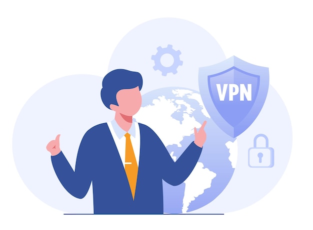 Accesso vpn vpn per proteggere i dati personali nel computer smartphone rete privata virtuale connessione di rete sicura e banner di illustrazione vettoriale piatto per la protezione della privacy
