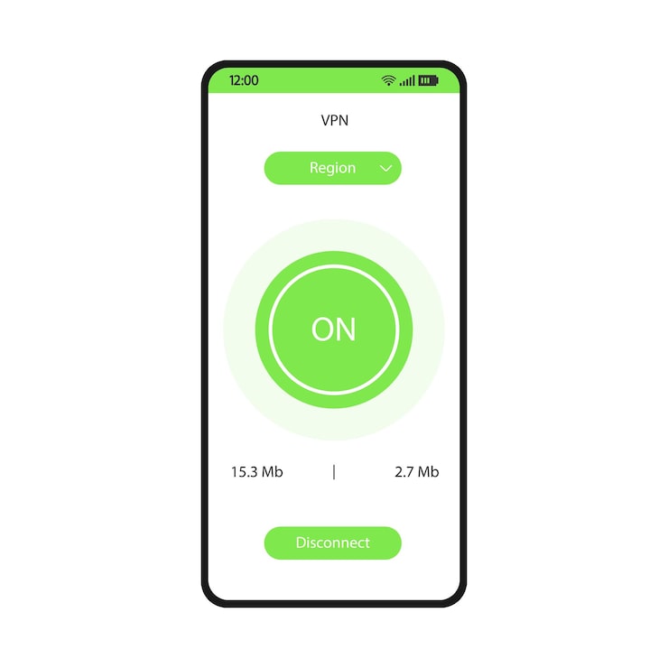 Vector vpn app smartphone interface vector template. mobile secure proxy server page white design layout. virtual private network application screen. flat ui. on, region, disconnect buttons on phone display