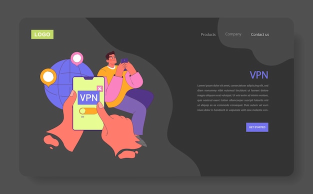 Vector vpn concept man blissfully connects to global networks using mobile hand toggles vpn for privacy