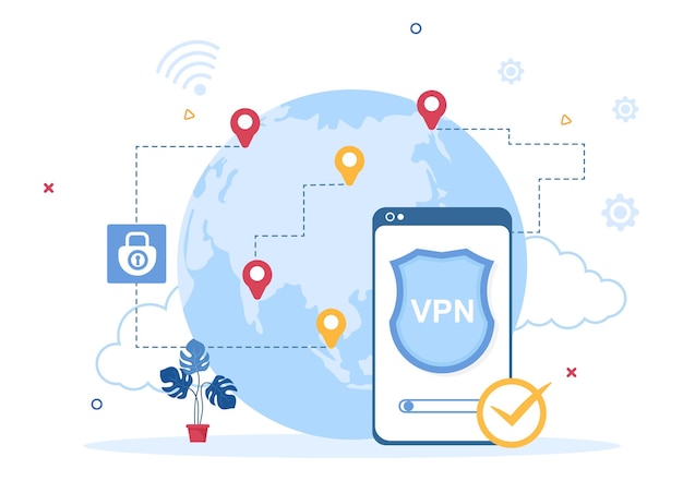 Vpn 또는 가상 사설망 서비스 벡터 일러스트레이션은 스마트폰이나 컴퓨터의 데이터를 보호합니다.