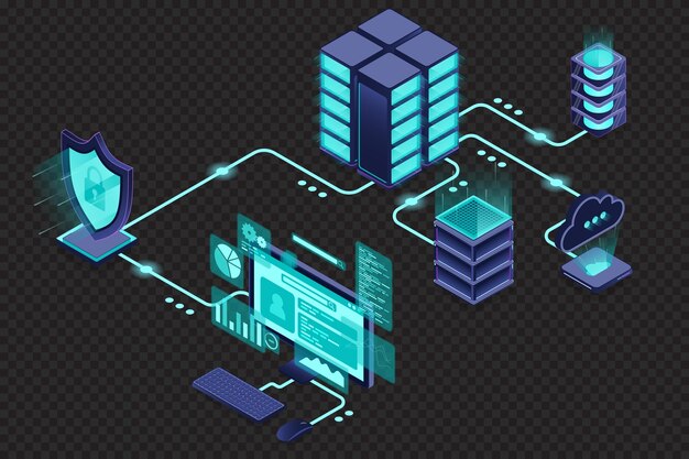 방패를 가진 VPN 보호 가상 사설 네트워크 보안 기술 개념 사이버 보안 이소메트릭 기술