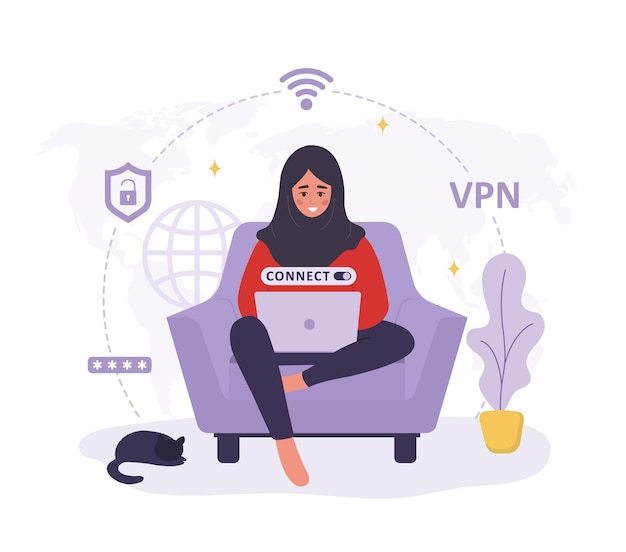 VPN サービス 仮想プライベート ネットワークを使用するアラビア人女性 個人情報とデータの安全性 パスワード セキュリティ 保護 IP アドレスとサイバースペース フラットな漫画のスタイルのベクトル図