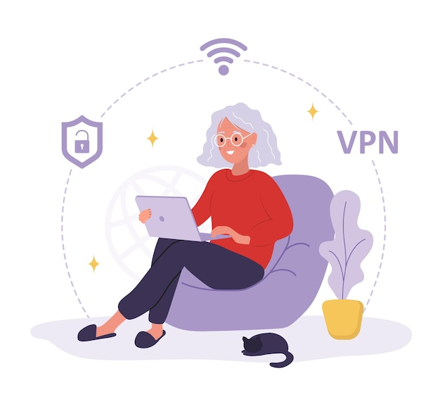 Vpn サービス プライベート ネットワークを使用して個人データを保護する年配の女性 dns および ip アドレスの保護 データベース セキュリティ ソフトウェア フラットな漫画のスタイルのベクトル図