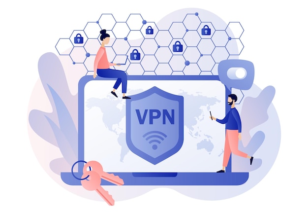 ラップトップ上の VPN サービス。仮想プライベート ネットワークの概念。サイバー セキュリティ、安全な Web トラフィック