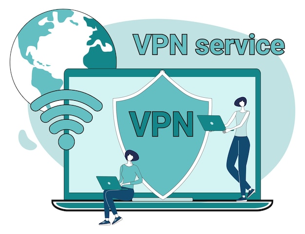 Vpn 서비스 피플 노트북 및 Vpn 기호가 있는 방패 익명 및 보안 개념