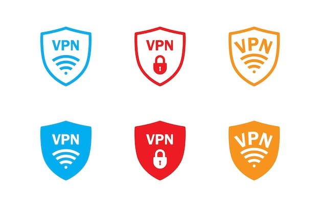 VPN 방패 아이콘 세트 안전 VPN 기호 평면 벡터 일러스트 레이 션