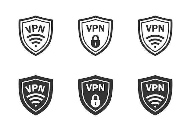 VPN 방패 아이콘 세트 안전 VPN 기호 평면 벡터 일러스트 레이 션