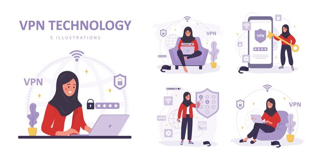 VPN 기술 컬렉션 가상 사설망을 사용하는 이슬람 여성 암호 보안 개인 데이터 보호 원격 서버용 최신 소프트웨어 만화 스타일의 벡터 그림 세트