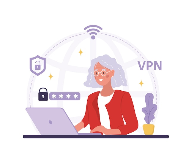 Vpn 技術 個人データを保護するためにアプリを使用する年配の女性 サイバー セキュリティ