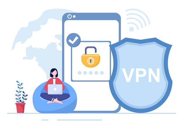 スマートフォンやコンピューターのデータを保護するためのVPNまたは仮想プライベートネットワークサービスのベクトル図