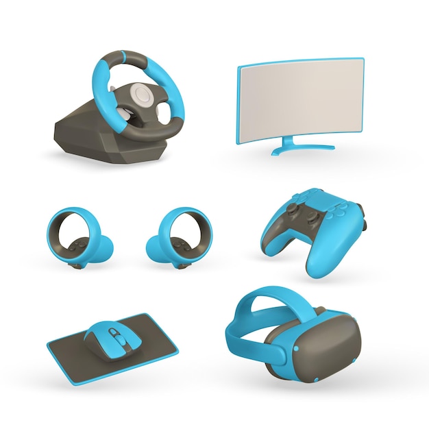 VR-bril laptop stuurwiel game pad hoofdtelefoon Vector illustratie