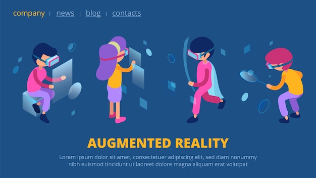 VR-concept. Webpagina met augmented reality-technologie. Isometrische vectorkarakters met de bestemmingspagina van de VR-bril