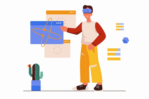 Концепция vr со сценой людей в плоском мультяшном стиле, парень переместился в виртуальную реальность