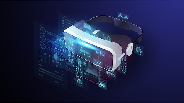 VRデバイス、仮想メガネとコントローラー、仮想現実ゴーグル、ジョイスティック、デジタルサイバースペースで電子ビデオゲームをプレイするためのツール。未来的なポスター。