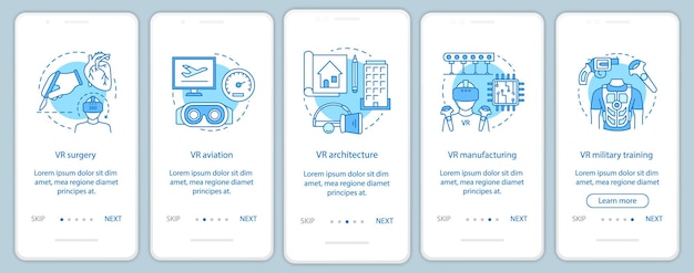 VR die het onboarding-paginascherm van de mobiele app toepast met lineaire concepten. Virtuele chirurgie, luchtvaart, leger, architectuur walkthrough stappen grafische instructies. UX, UI, GUI vectorsjabloon met pictogrammen