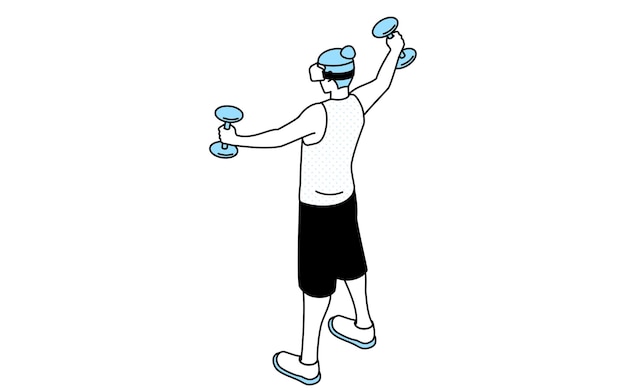 Vector vr fitness man wearing vr goggles doing dumbbell training