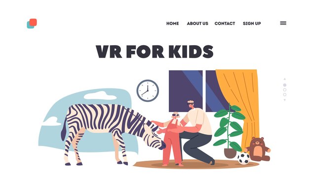 Вектор vr for kids landing page template отец с маленькой дочерью в 3d-очках смотрит на зебру с эффектом погружения