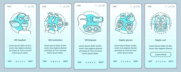 선형 개념으로 모바일 앱 페이지 화면을 온보딩하는 VR 가젯