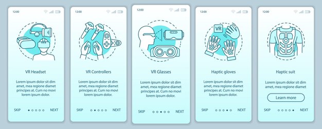 VR gadgets onboarding mobile app page screen with linear concept