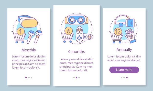 Vr-game-abonnement onboarding mobiele app-paginascherm met lineaire concepten. maandelijkse of jaarlijkse tarieven. grafische instructies in drie stappen. ux, ui, gui vectorsjabloon met illustraties