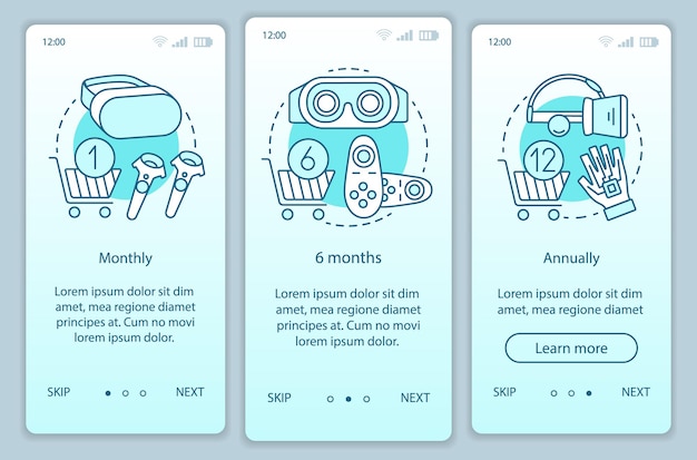 Vr-game-abonnement onboarding mobiele app-paginaschermvectorsjabloon. maandelijkse of jaarlijkse tarieven. doorloop websitestappen met lineaire illustraties. ux, ui, gui smartphone-interfaceconcept
