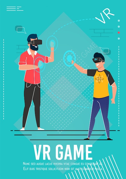 Vector vr game invitation poster with cartoon gamers