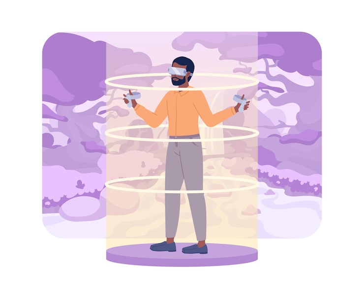 Vector vr game player in purple magic forest 2d vector isolated spot illustration