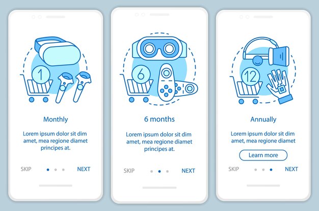 VR game subscription onboarding mobile app page screen with linear concepts. Three walkthrough steps graphic instructions. Monthly or annually tariffs. UX, UI, GUI vector template with illustrations