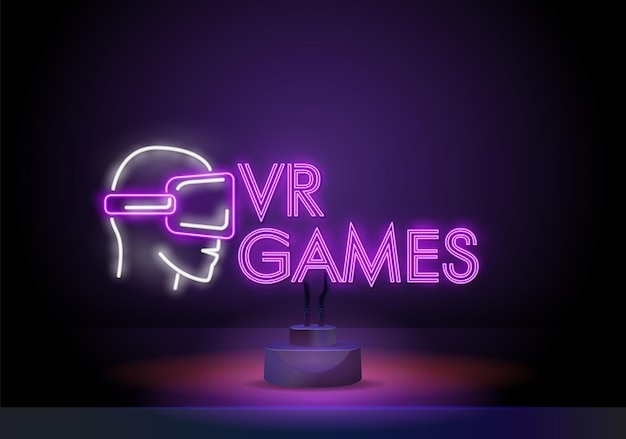 Vr-games logo's vector conceptuele neonreclames videogames emblemen ontwerpsjabloon moderne trend ontwerp ...