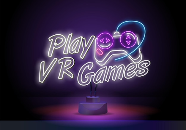 Vr games logos vector conceptual neon signs video games emblems design template modern trend design ...