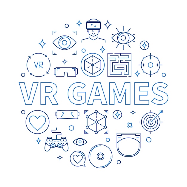 Vr games round icon illustration in thin line style