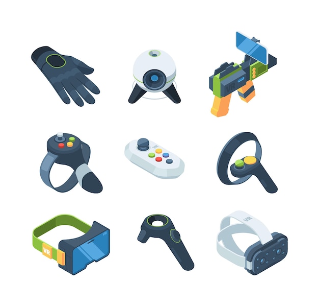 Vr gaming Virtual controllers for video gaming experience garish vector isometric illustrations